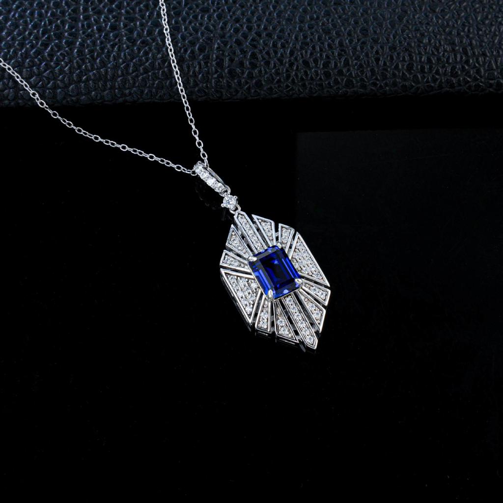 Luxurious Retro Geometric Necklace with Grand Square Blue Sapphire, Symmetrical Layered Inlaid Stones - Exquisite Anniversary Gift.