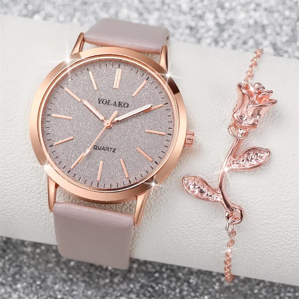 2PCS/Set Women s Watch Shiny Fashion PU Leather Analog Quartz Watches Rose Flower Bracelet