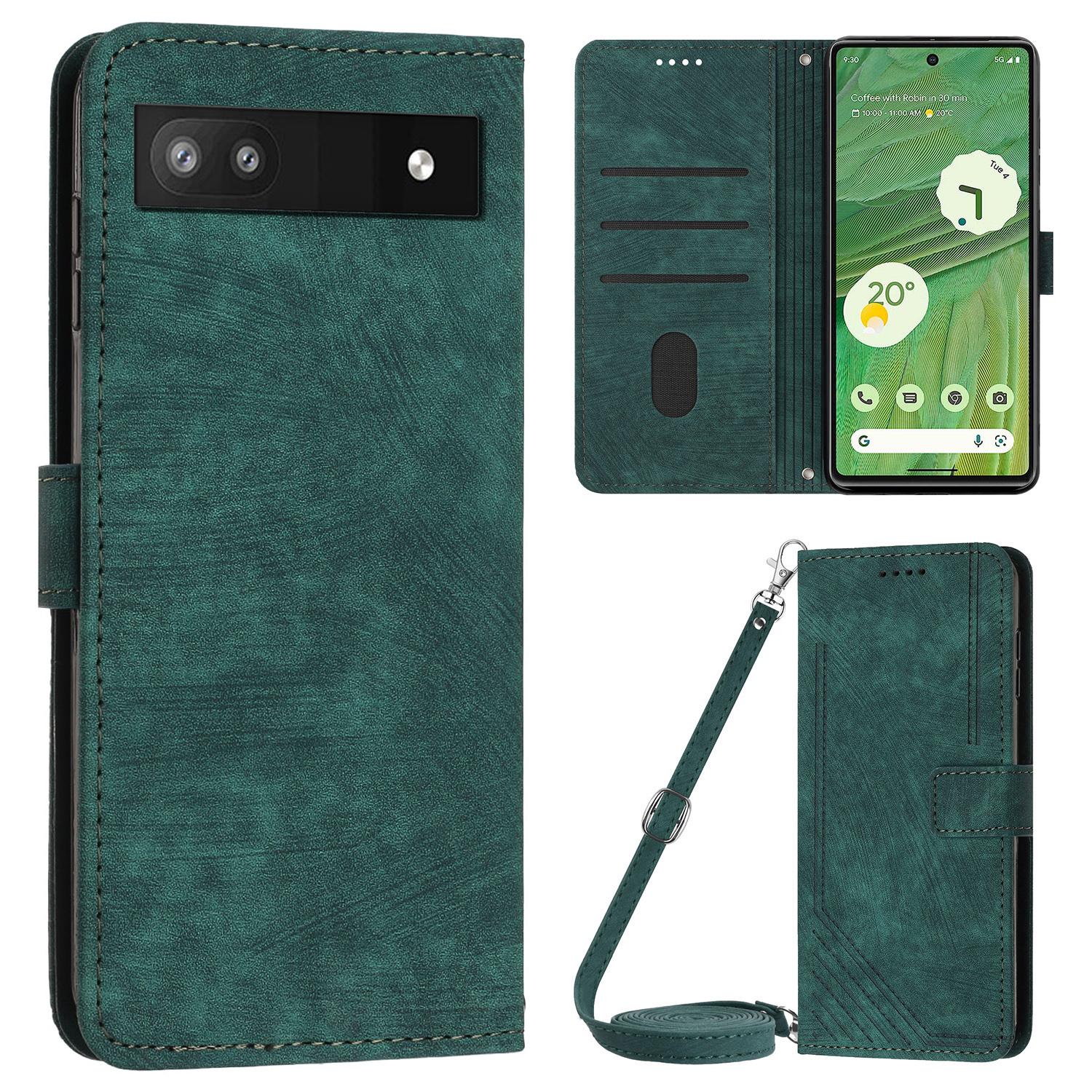 

For Google Pixel 7a PU Leather Skin-touch Protective Cover Lines Imprint Wallet Stand Phone Case with 2 Straps Green
