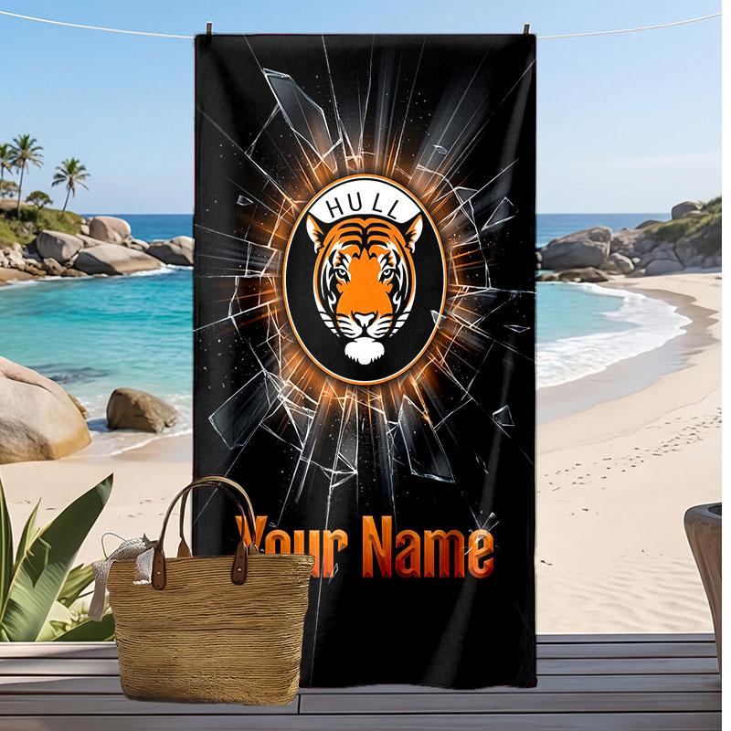 Asciugamano da Spiaggia Personalizzato Stampato Hull City Logo Calcio Supporto Nome Personalizzato Testo Asciugamano Assorbente Per Sport Viaggio Regalo Speciale