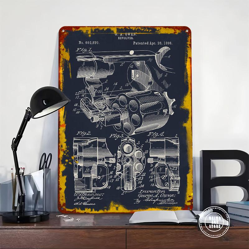 Revolver Patent Drawing Tin Plaque Poster Customized Wall Art Retro Vintage Metal Signs for Man Cave Decoration Garage Wand Deko