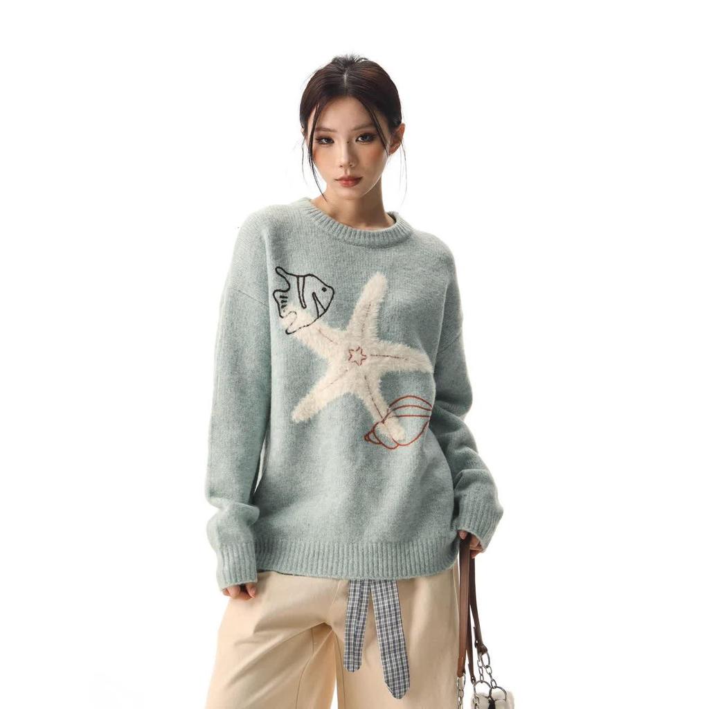 CTB Retro Sweter z Gwiazdą Piwną i Rozgwiazdą - Unisex Luźny Krój z Haftem Muszli na Jesień/Zimę