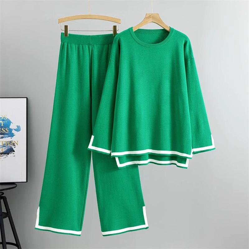 Femei elegante cu mâneci lungi Topuri tricotate Seturi 2 piese Ocazional Pulover pentru femeie Costume cu pantaloni cu picior lung și lat
