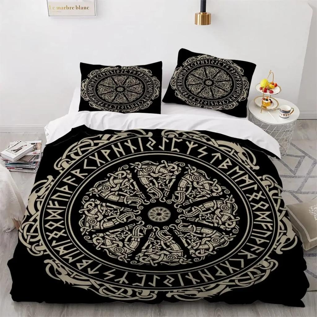 Viking Duvet Cover Set Nordic Viking Runes Print Bedding Set for Kids Teen Men King Size 2/3pcs Soft Polyester Comforter Cover