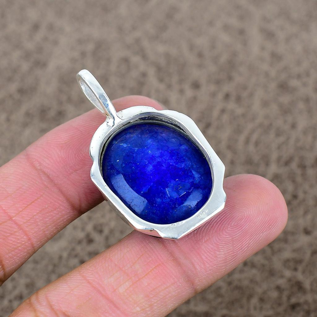 Blue Jade Gemstone Handmade 925 Sterling Silver Jewelry Pendant 1.77" KKG-360