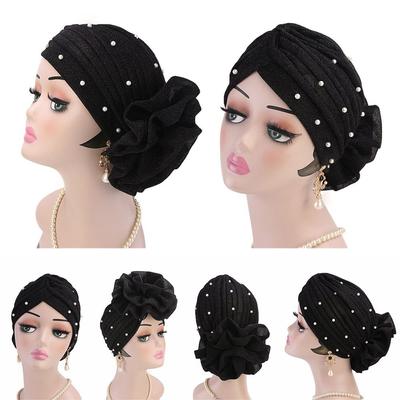 Ladies Hijab Cap Hair Loss Big Flower Muslim Hat Women Cancer Chemo Cap Pearls Turban Cap