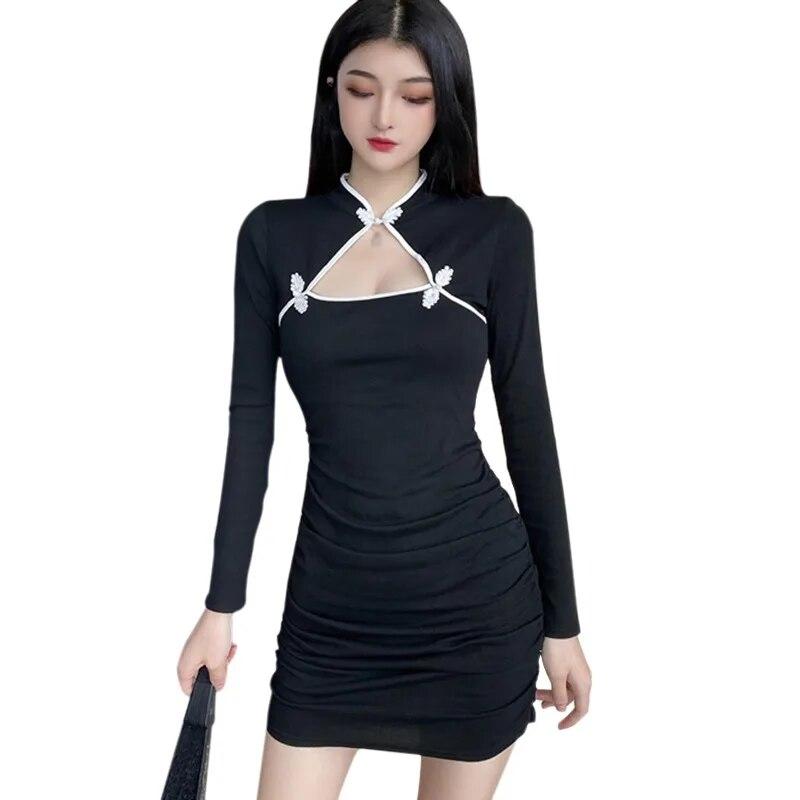 Damekontrastfarge Hollow Out Langermet Cheongsam-kjole