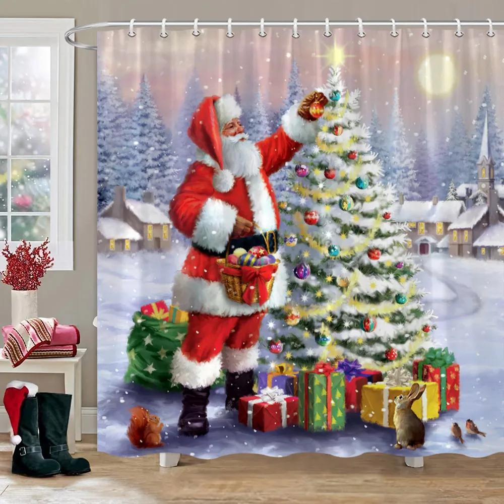 Weihnachts-Duschvorhang für Badezimmer, rustikaler Weihnachts-Bauernhaus-Duschvorhang, Vintage-Weihnachts-Duschvorhang für Wohnzimmer