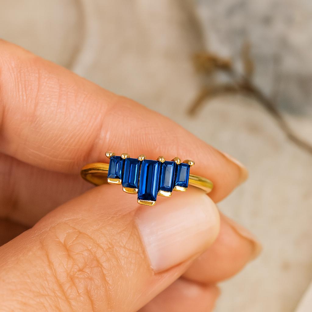 Wedding Engagement Anniversary Promise Gift – Baguette Blue Sapphire Ring, Yellow Gold Plated Geometric Band, September Birthstone Jewellery