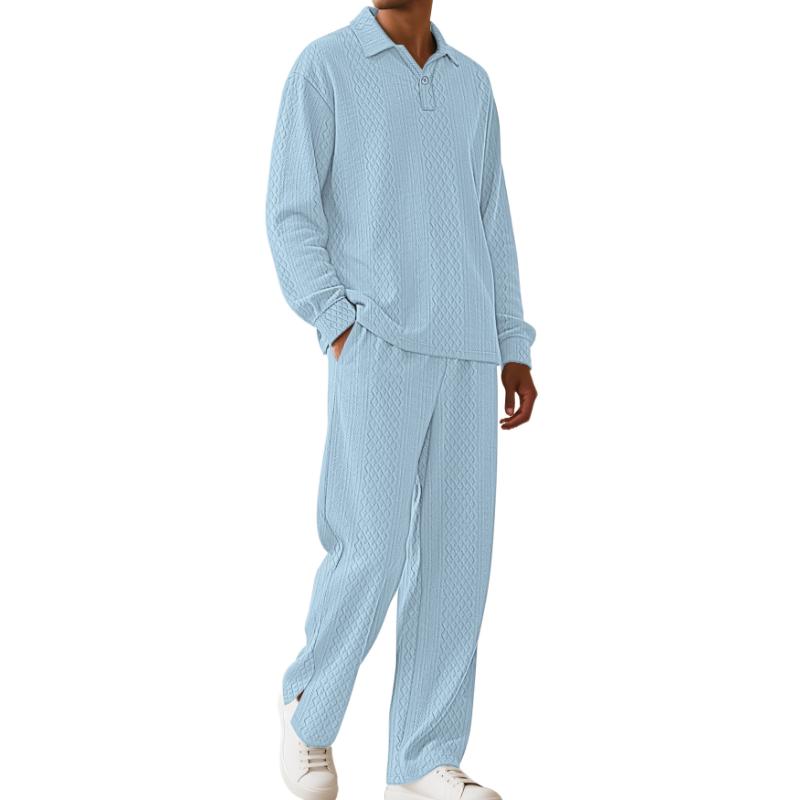 Herbst und Winter Herren einfarbig Jacquard-Struktur lässig Revers Pullover Langarm Hose Sportanzug
