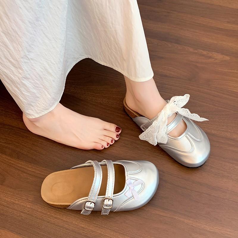 Keep it for yourself~ Retro bow brock cross-strapped bag head half slippers women wear one-pedal flat-bottomed cool slippers