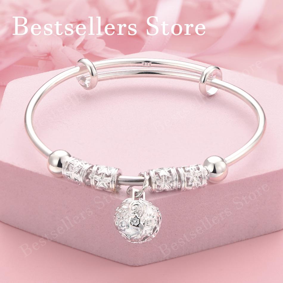 Luxury 925 Sterling Silver Exquisite Beaded Pendant Bangle, Fashionable Wedding Party Jewelry, Adjustable Bangle