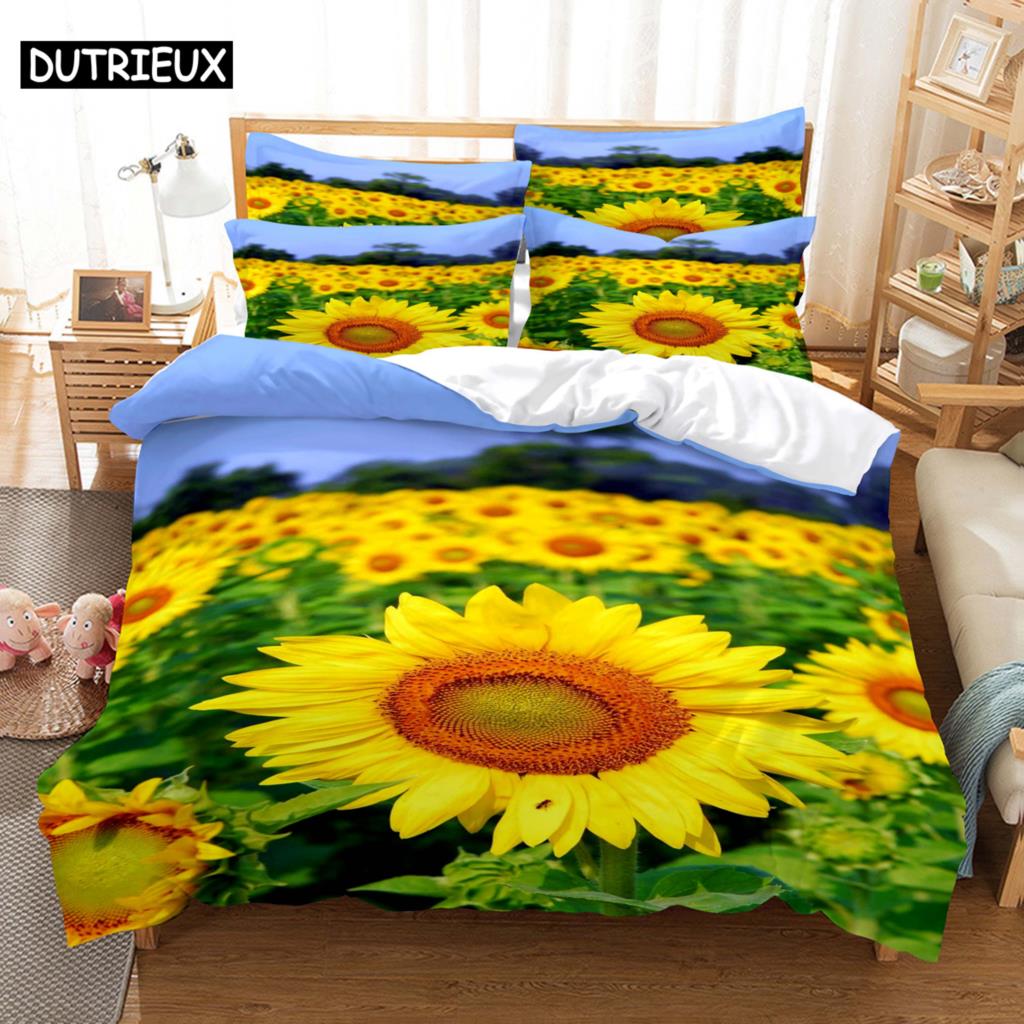 Floral Quilt Cover Queen Size Sunflower Duvet Cover 3D Bedding Set 3Pcs 2Pcs With Pillowcase King Full Twin Single Double Beds