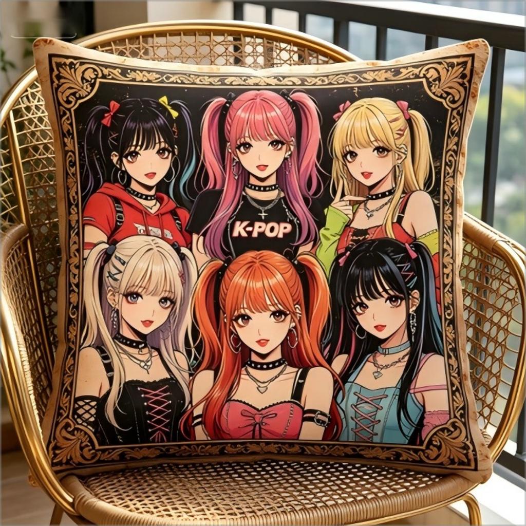 Vintage Kpop Style Idol Girl Group Throw Pillow Cover Retro Anime Art Decorative Cushion Case For Living Room Sofa Couch Home Decor