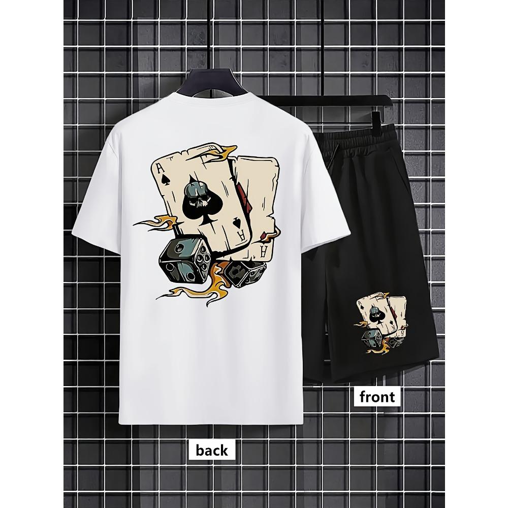 

Men s Summer Fashion Poker Graffiti Printed Comfortable Breathable Round Neck T-shirt Shorts Set Outdoor Street Wear, Comfortable Fabric XXL