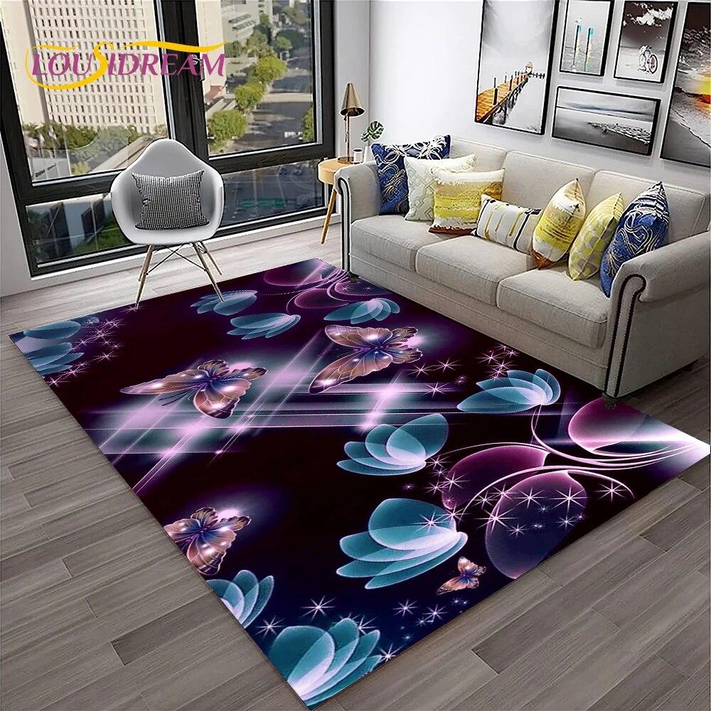 3D Luxury Dream Butterfly Flower Carpet Rug for Home Living Room Bedroom Sofa Doormat Decor,Kid Play Area Rug Non-slip Floor Mat