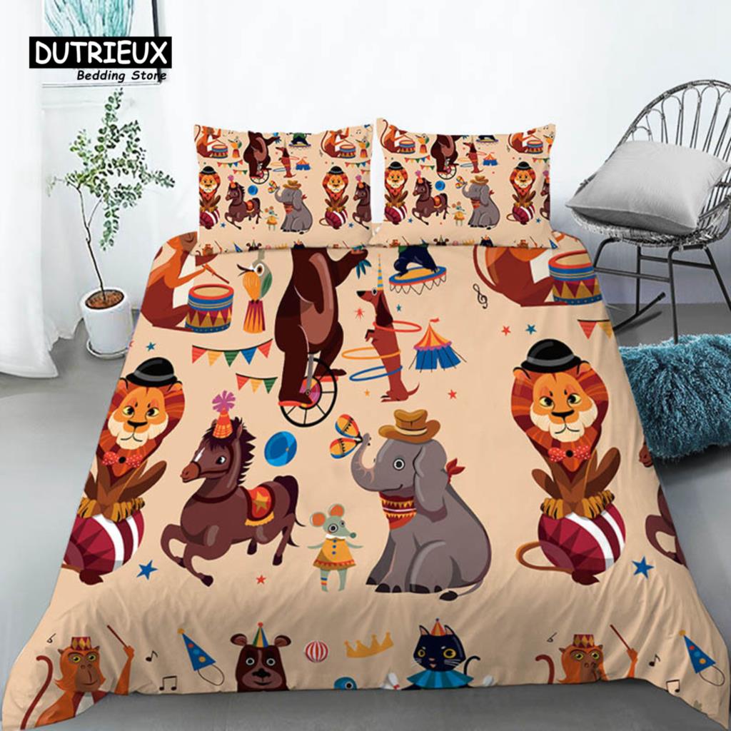 Bettwäscheset für Kleinkinder mit Cartoon-Tieren, Doppelbettgröße, für Kinder, Mädchen, Jungen, Zimmerdekoration, Vögel, Löwen, Fische, Druck, Bettbezug mit Kissenbezügen