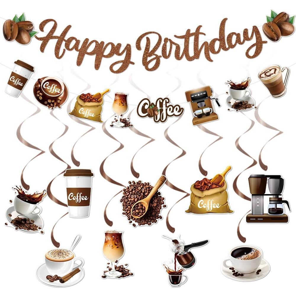 Coffee Theme Party Decor Pack With Birthday Banner And Spiral Streamers For Event Setup