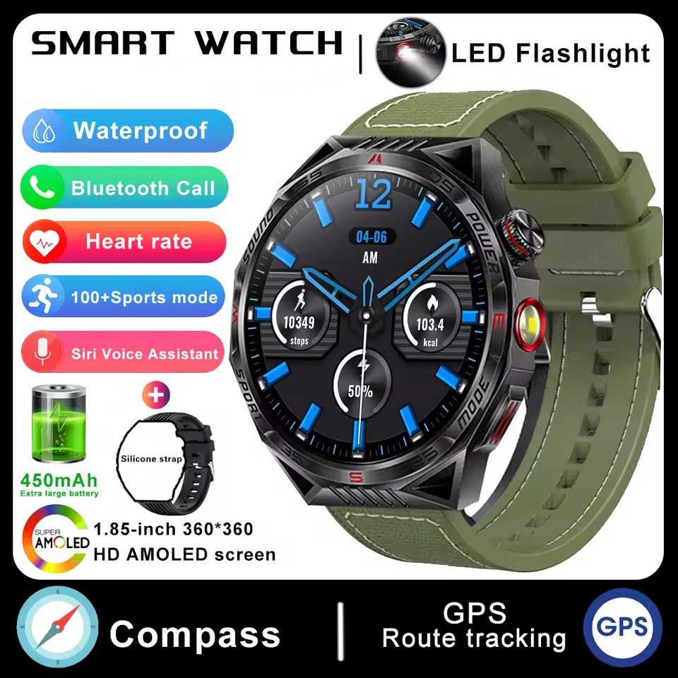 Outdoor Sport Compass Smartwatch Men Flashlight Laser Light 450mAh Battery GPS Sport Track Waterproof Bluetooth Call Smart Watch