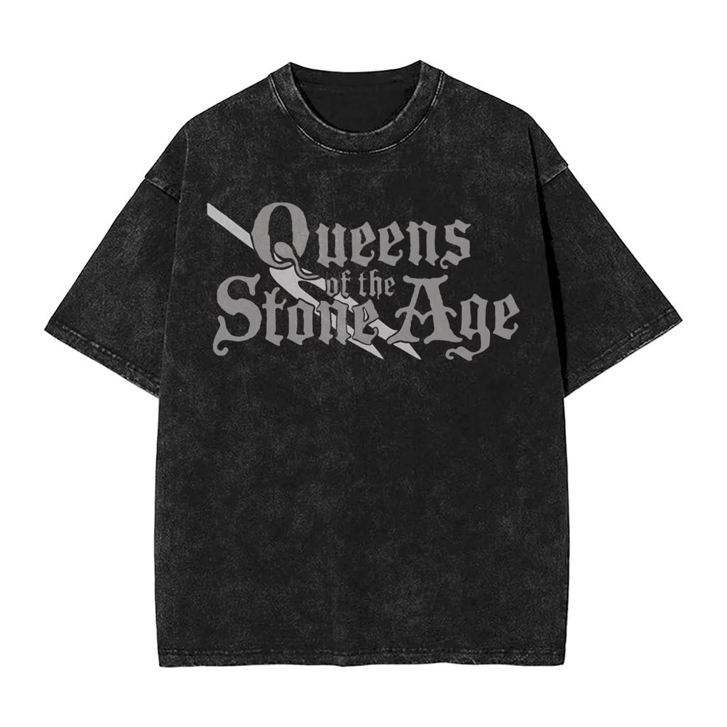 Camiseta Retro para Hombre de la Banda Queen of The Stone Age Lavada Camisetas Divertidas Manga Corta Cuello Redondo Ropa de Algodón Puro