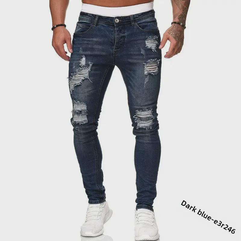 Men's Ripped Skinny Badge-Style Denim Jeans with Zipper Holes