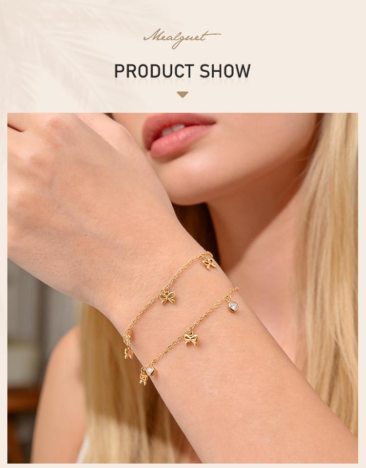 Bow Bracelet for Women 18K Gold Plated Non-Tarnish Waterproof Stainless Steel Dainty CZ Jewelry Minimalist Stackable Ribbon Gift