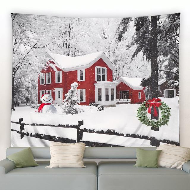 Snowman Christmas Tapestry Winter Pine Tree Snowflake Birds Forest Park Landscape Xmas Wall Hanging Home Living Room Decor Mural