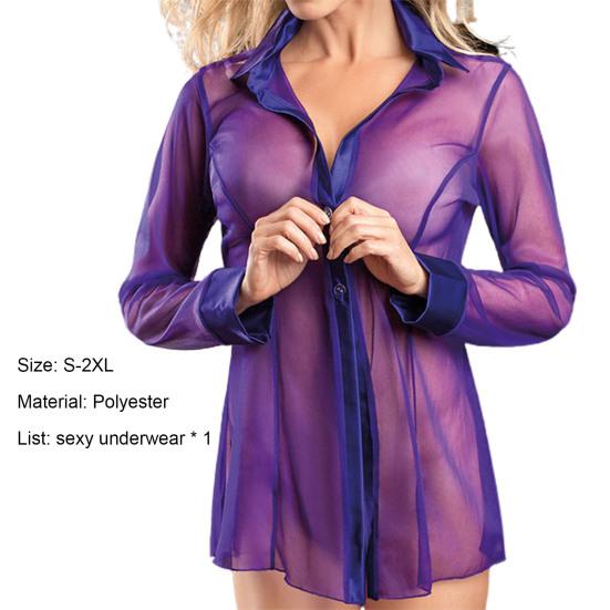 Women Sleepwear See-through Mesh Turn-down Collar Pornographic Women Sleeping Top