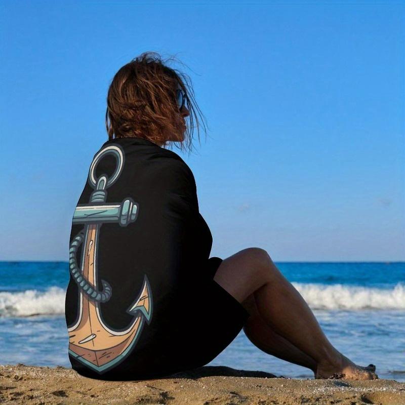 1 Stück Bootsanker Strandtuch - Schnelltrocknend, Übergröße, Schwarz-Blaues Nautisches Design, Weiches Polyester, Perfekt für Frauen