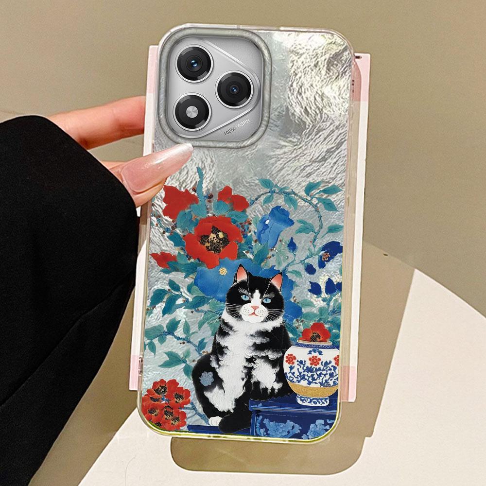Luxury Black Cat Flower Glacier Texture Phone Case for Honor 400 200 Pro Magic7 6 5 Lite X9a X9c X8b X8a X8c Silicone Back Cover