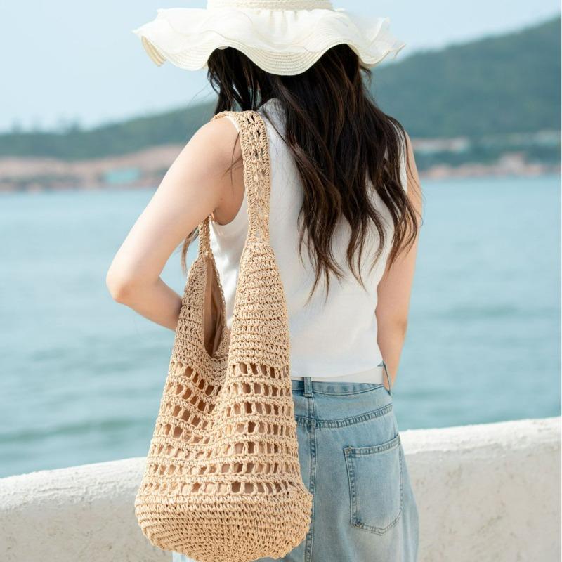 One-shoulder hollow straw bag, new hand-woven bag, large-capacity bucket bag, tote bag, vacation beach bag, women