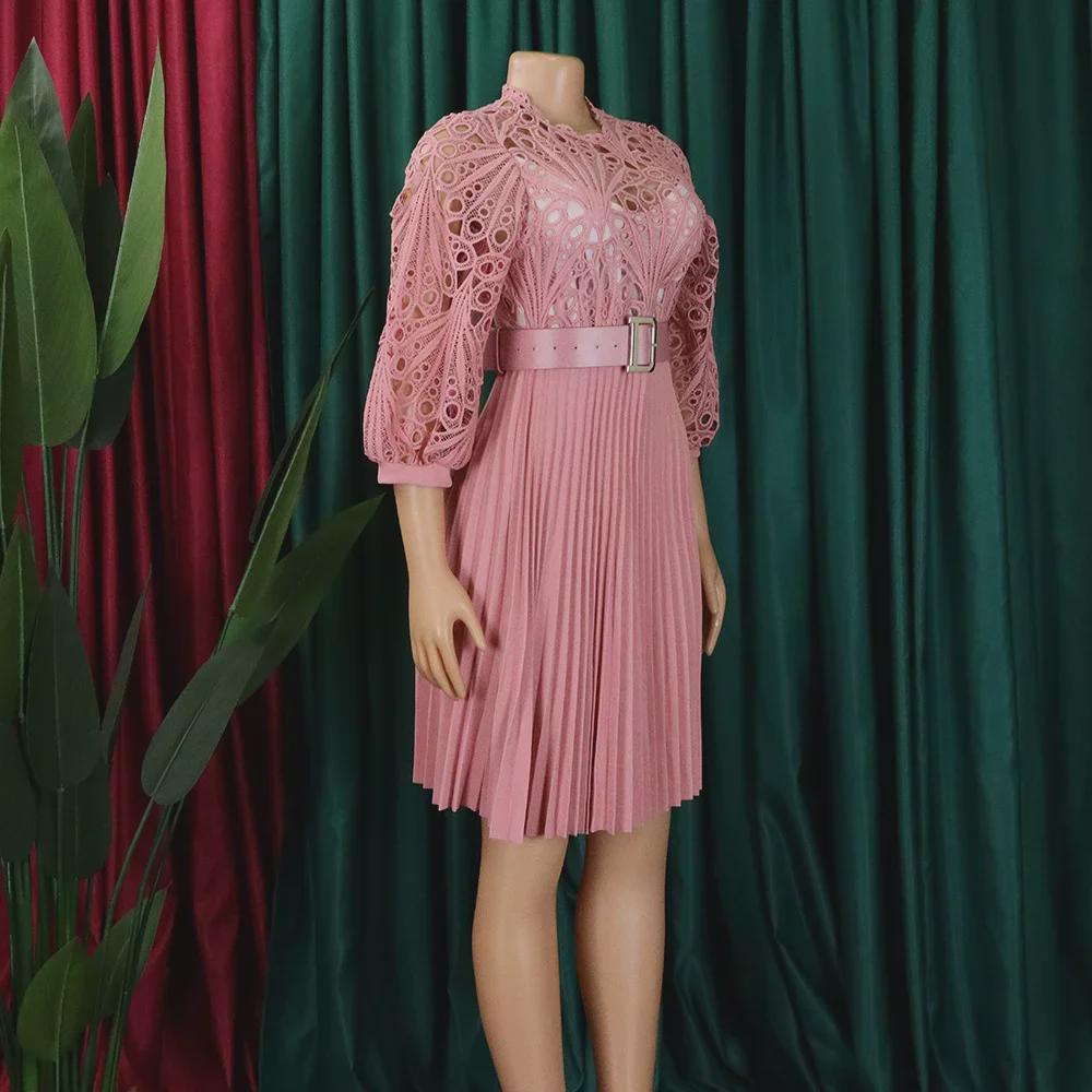 2024 Pure Color Lace Hollow Pleated Women's Dress - European and American Style