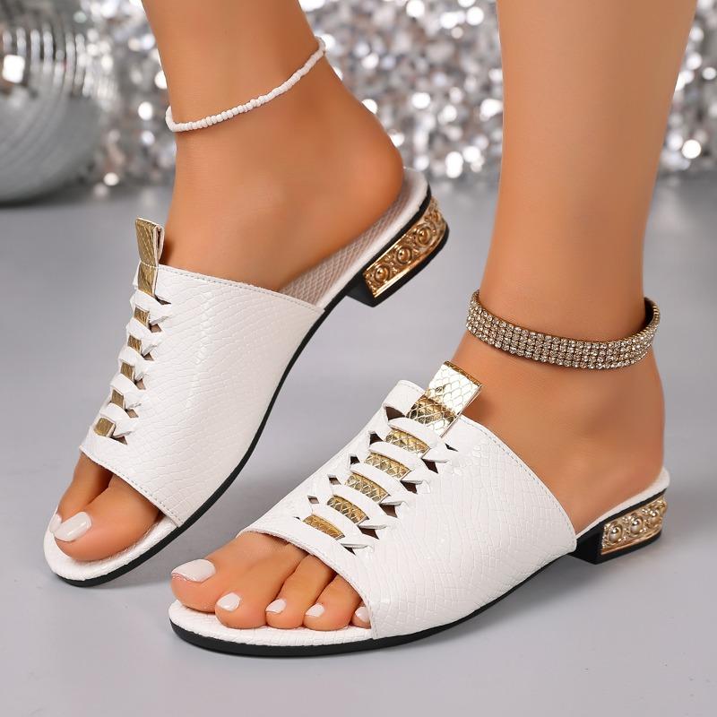 Summer New Outside Wear Sandals and Slippers Women's Casual Round Toe Open Toe Color Block Pleated Low Heel Flip-Flops
