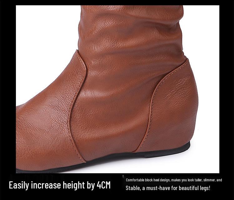 Plus Size 2020 Women's Long Leather Boots - Solid Color, Pleated, High-top, European Style
