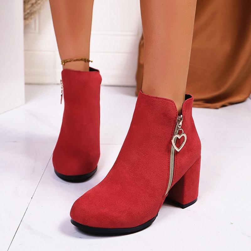 Foreign trade large size high-heeled short suede Martin boots women's autumn and winter new round head thick heel side zipper short boots