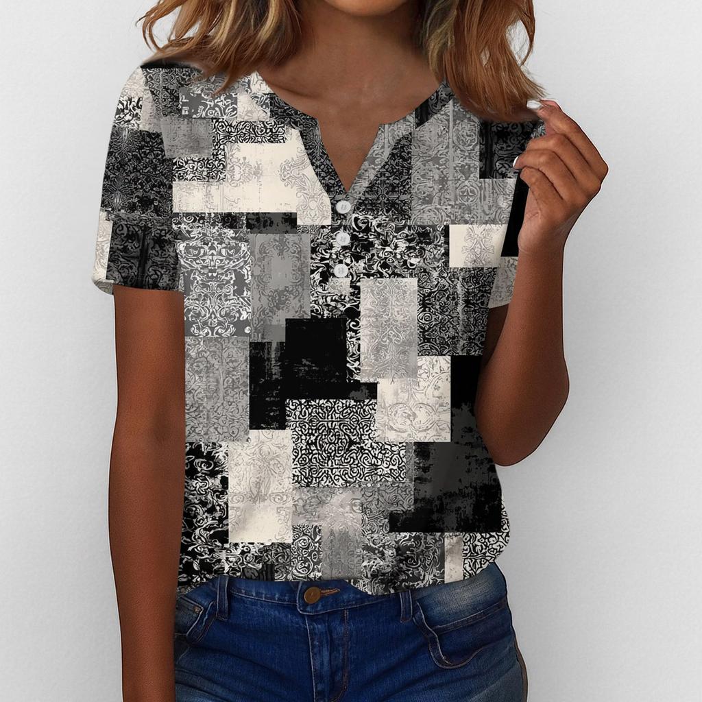 Henley Shirts for Women Womens V Neck Tops Short Sleeve Tops for Women Women Summer Tops Floral Print Casual Blouse