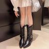 Women's Retro Cowboy Mid Calf Boots Cowboy Square Heels Pointed Toe Platform Women Chunky Heels Western Pointed Toe Metal Botas