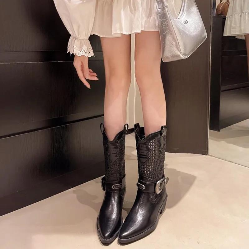 Women's Retro Cowboy Mid Calf Boots Cowboy Square Heels Pointed Toe Platform Women Chunky Heels Western Pointed Toe Metal Botas