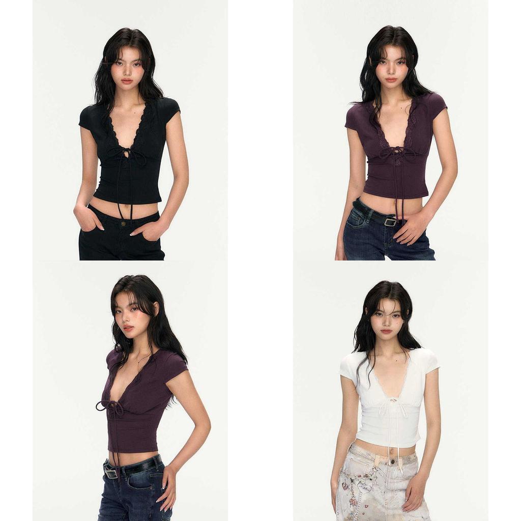 Sexy Black V Neck T Shirt For Women Summer Short Sleeve Slim Fit Casual Top