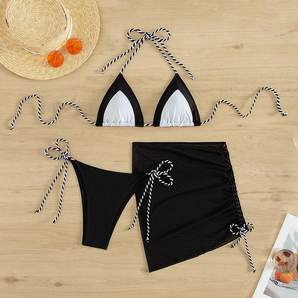 Color Block Braided Rope Mesh Quick Dry Sexy 3 Piece Bikini Set Elegant