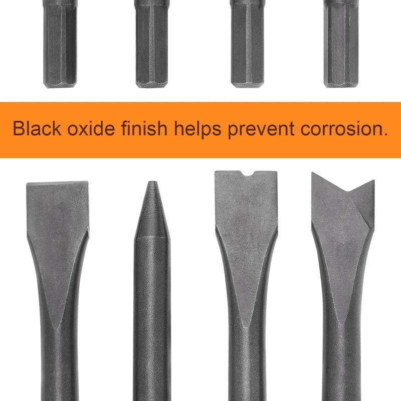 4pcs Air Hammer Chisel Set Hexagonal Shank Heavy Duty Air Impact Head for Rusting Removal Cutting Pneumatic Tools Accessories