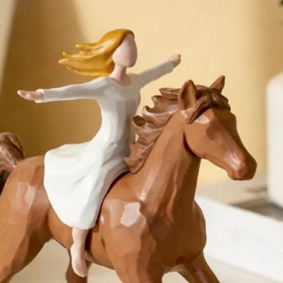 Girl Riding Horse Figurine Hand-Painted Women On Horse Resin Statue Sculpture Home Office Decoration