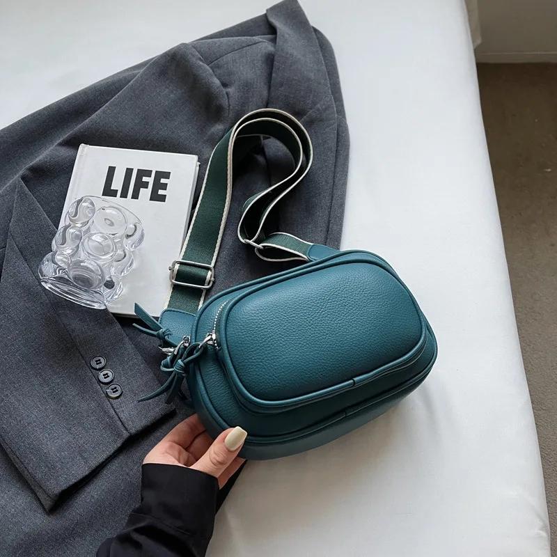 

Модная многослойная маленькая круглая сумка, универсальная мягкая кожаная сумка через плечо, сумка-мессенджер с широким плечевым ремнем синий