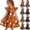 Girls Halloween Casual Round Neck Dress Ruffle Cap Sleeves A-Line Skater Dress Soft Comfortable Fabric Suitable for Daily Wear