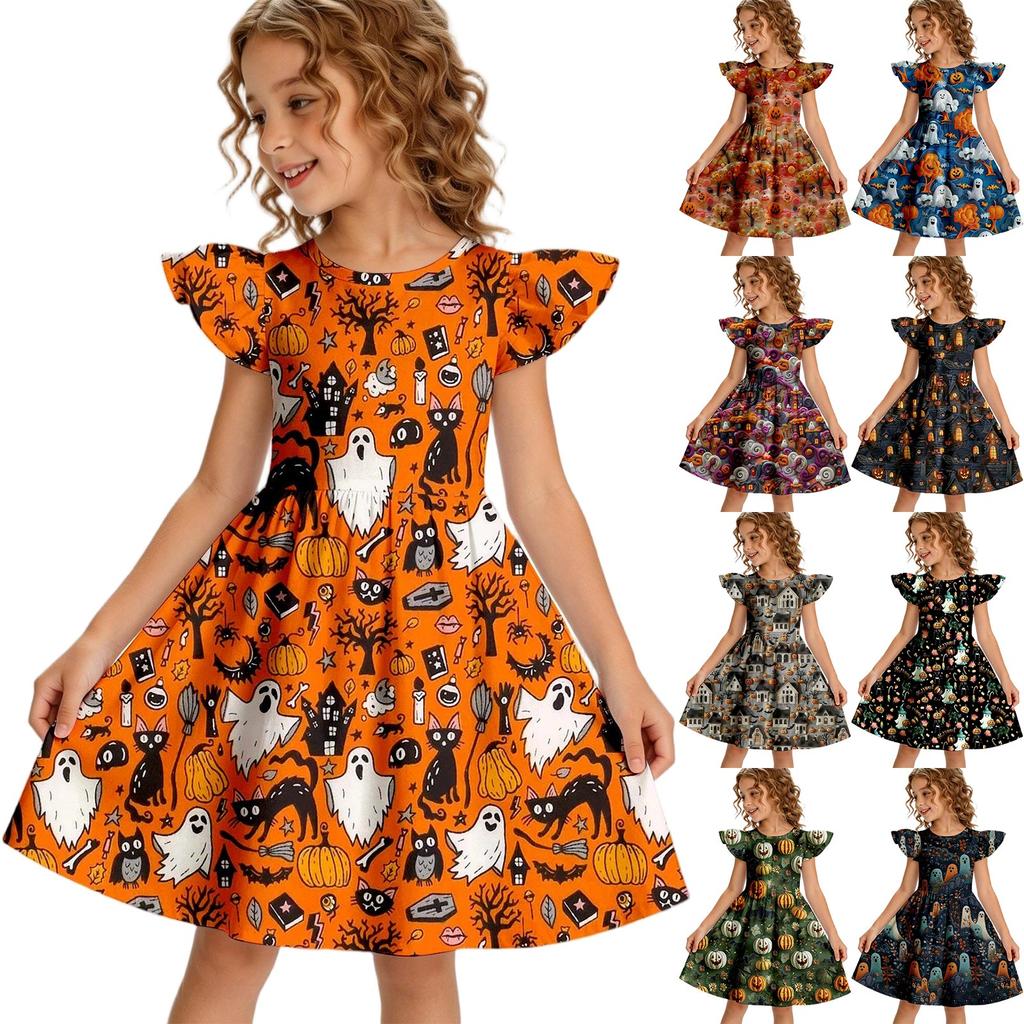Girls Halloween Casual Round Neck Dress Ruffle Cap Sleeves A-Line Skater Dress Soft Comfortable Fabric Suitable for Daily Wear
