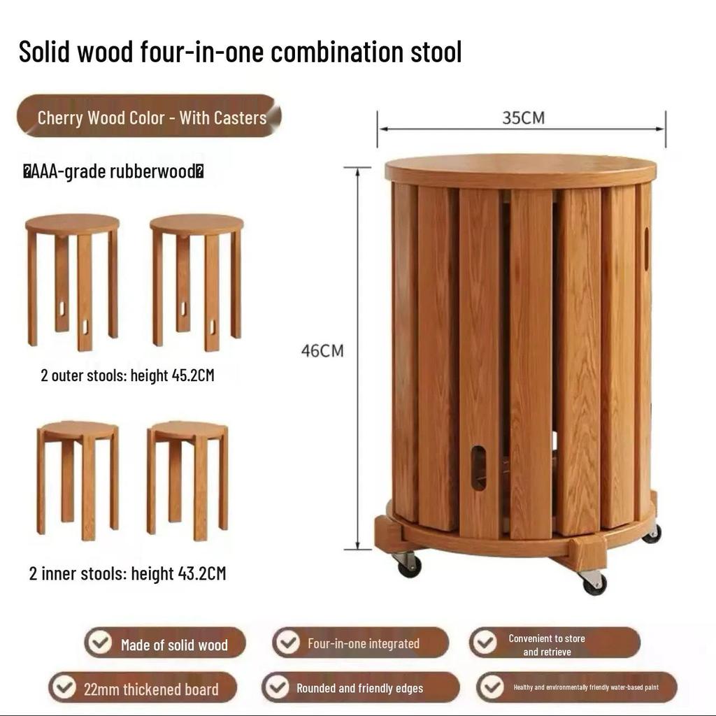 Sgabello Impilabile in Legno Massiccio con Ruote – Design Sei-in-Uno per Facile Conservazione e Uso Domestico