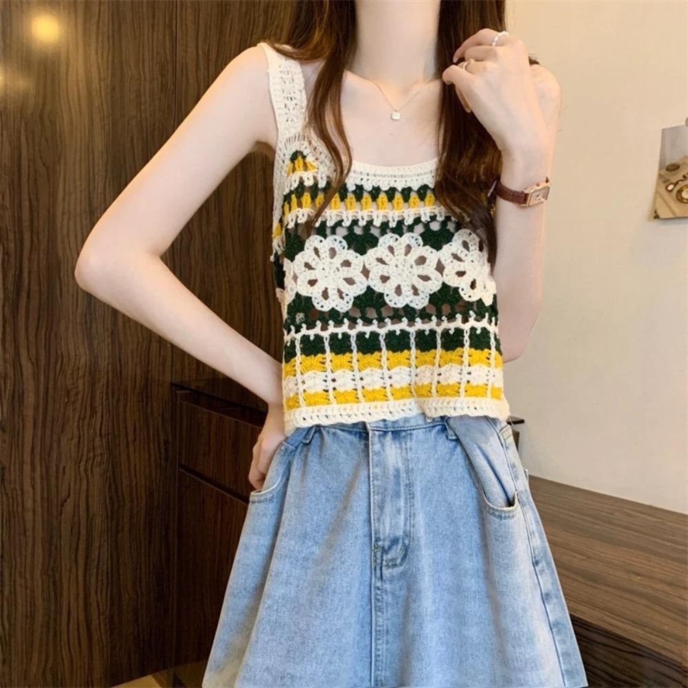 Short Knitted Vest Polyester Fiber Sleeveless Top Sweet Hollow Out Top Women's