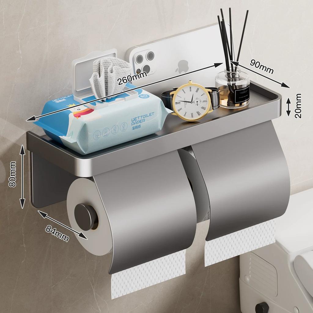 Gray Toilet Paper Holder with shelf Aluminum Black Tissue Paper Holder Milk Cream Paper Roll Holder With Phone Storage Shelf