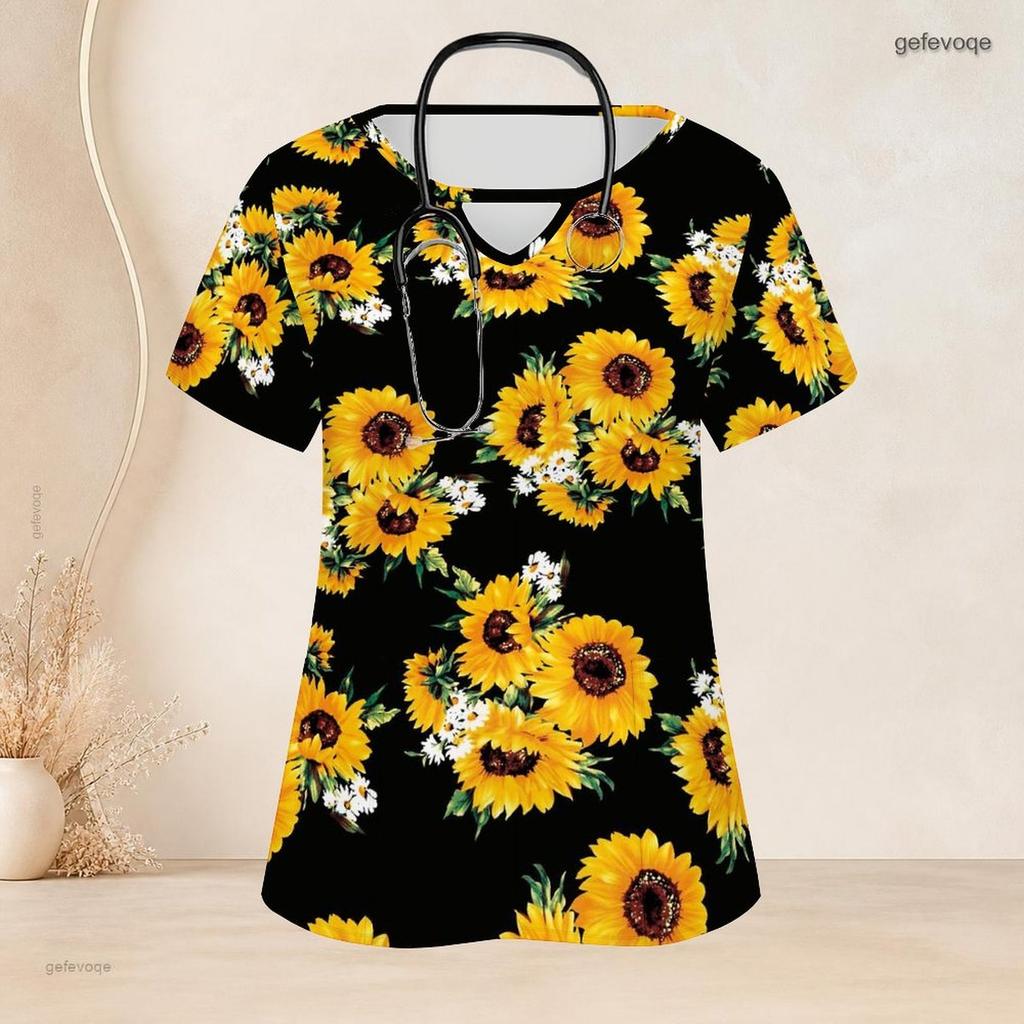 Women Plus Size Keyhole Neck Short Sleeve USA Flag Printed Nurse Scrub Top With Front Pockets