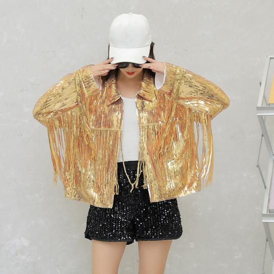 Lapel Long Sleeve Open Stitch Short Type Women Coat Shiny Sequins Tassel Stage
